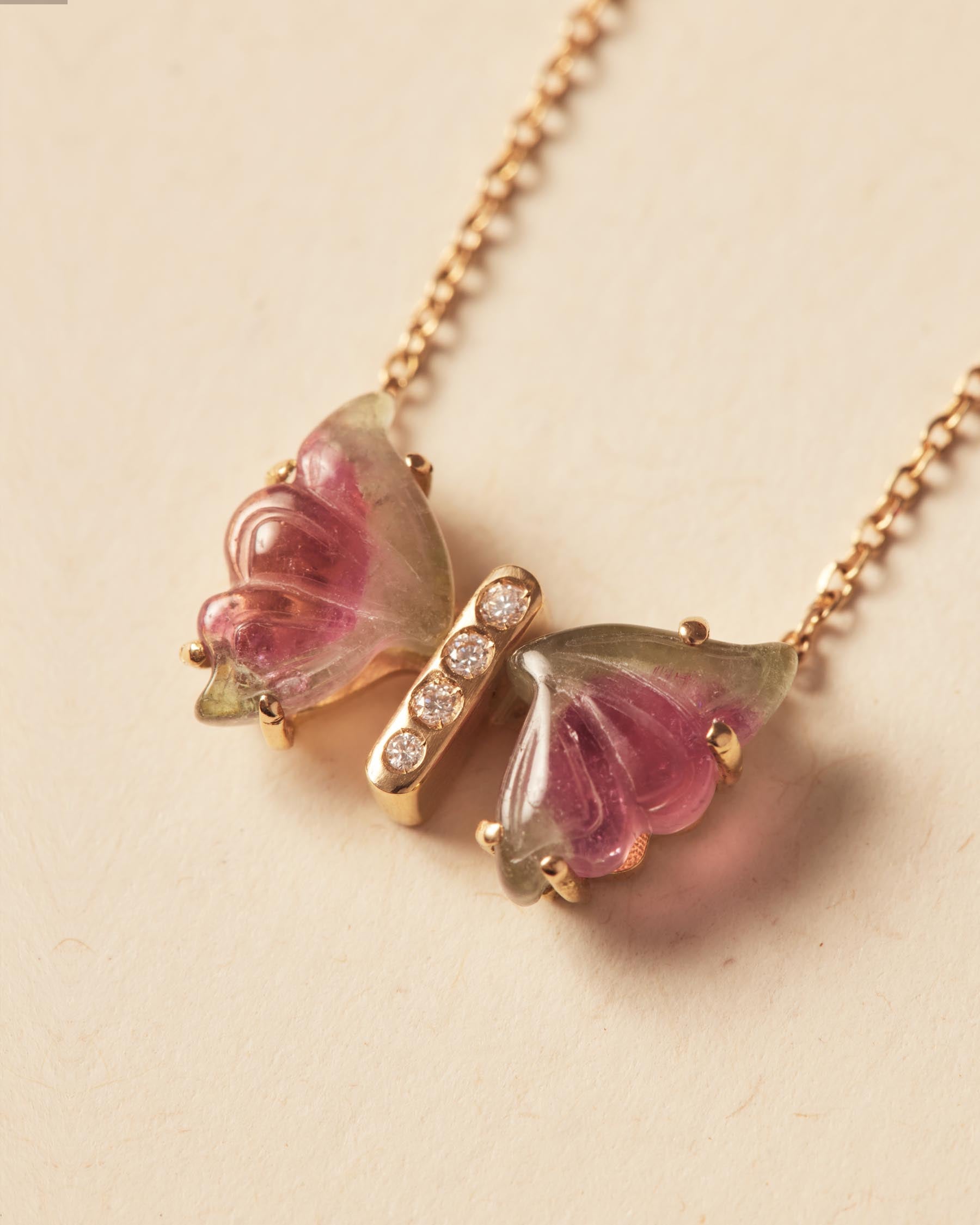 Forever Butterfly Necklace : 18k Solid Gold : Diamonds : Multicolor Tourmalines : Multicolor Tourmalines