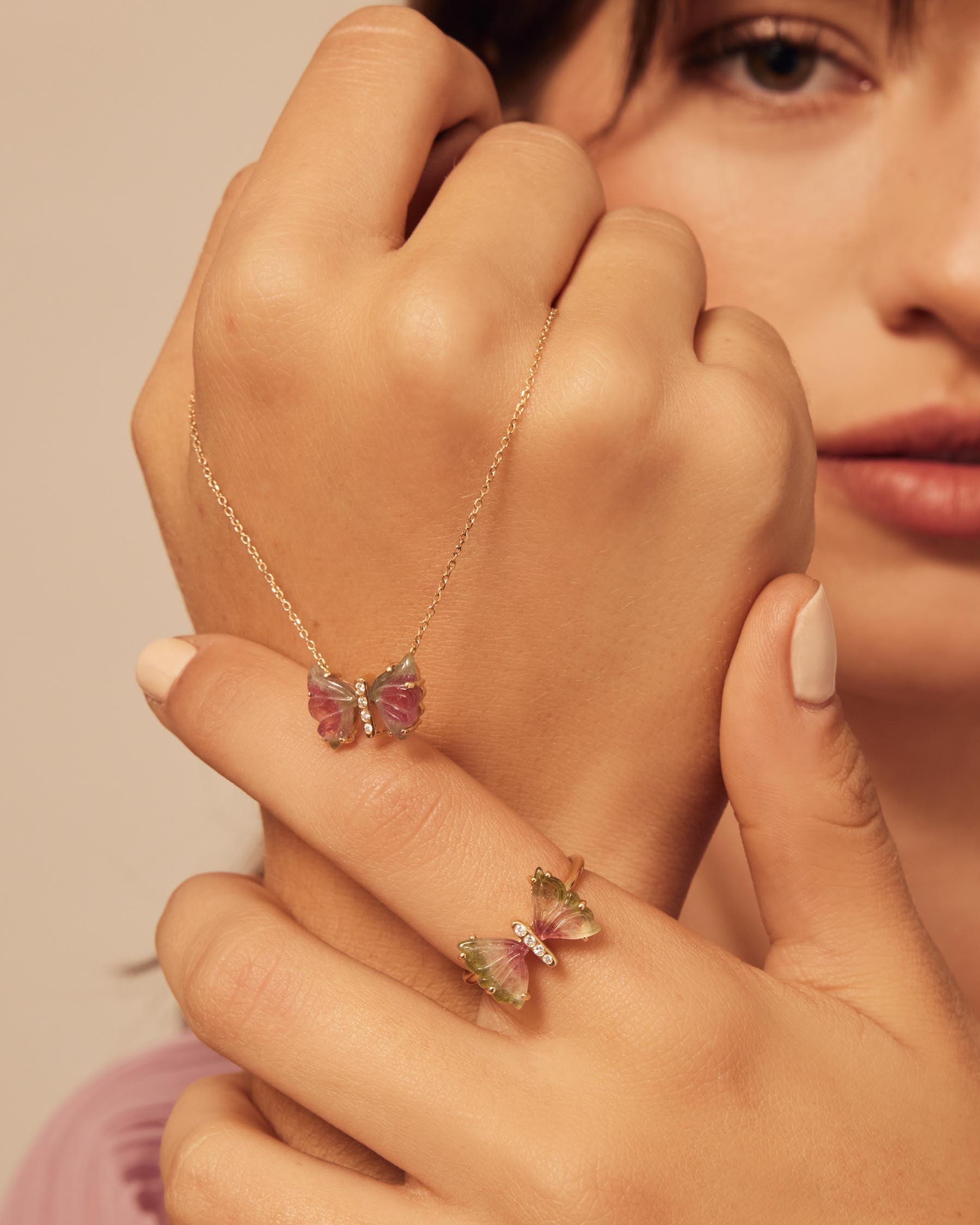 Forever Butterfly Necklace : 18k Solid Gold : Diamonds : Multicolor Tourmalines : Multicolor Tourmalines